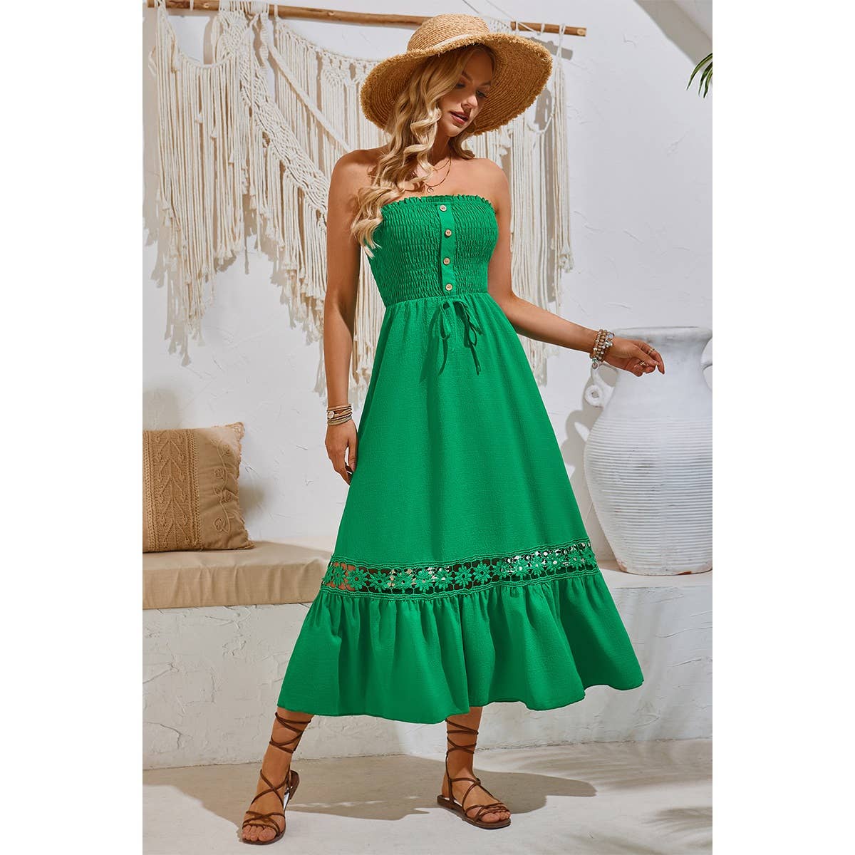 Off Shoulder Button Trim Knot Ruffle Lace Dress