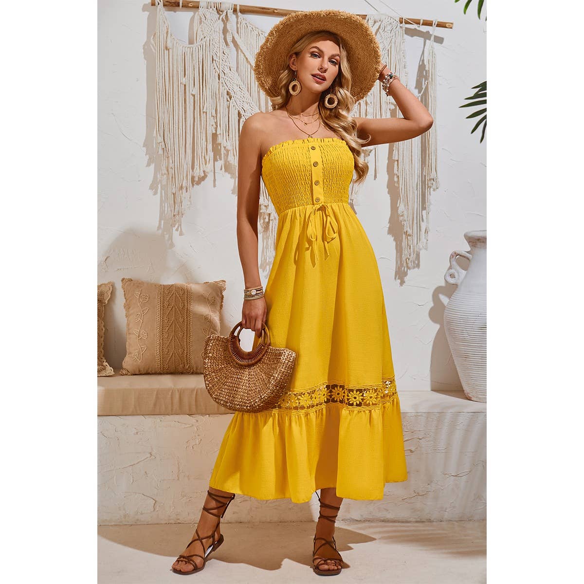 Off Shoulder Button Trim Knot Ruffle Lace Dress