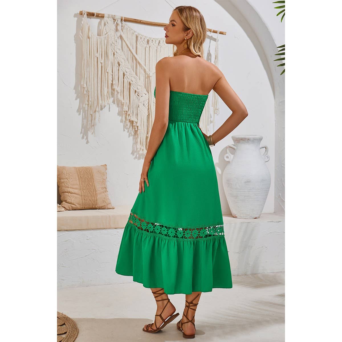 Off Shoulder Button Trim Knot Ruffle Lace Dress