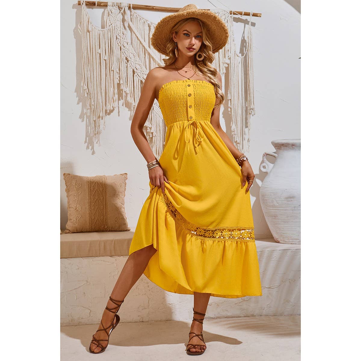 Off Shoulder Button Trim Knot Ruffle Lace Dress