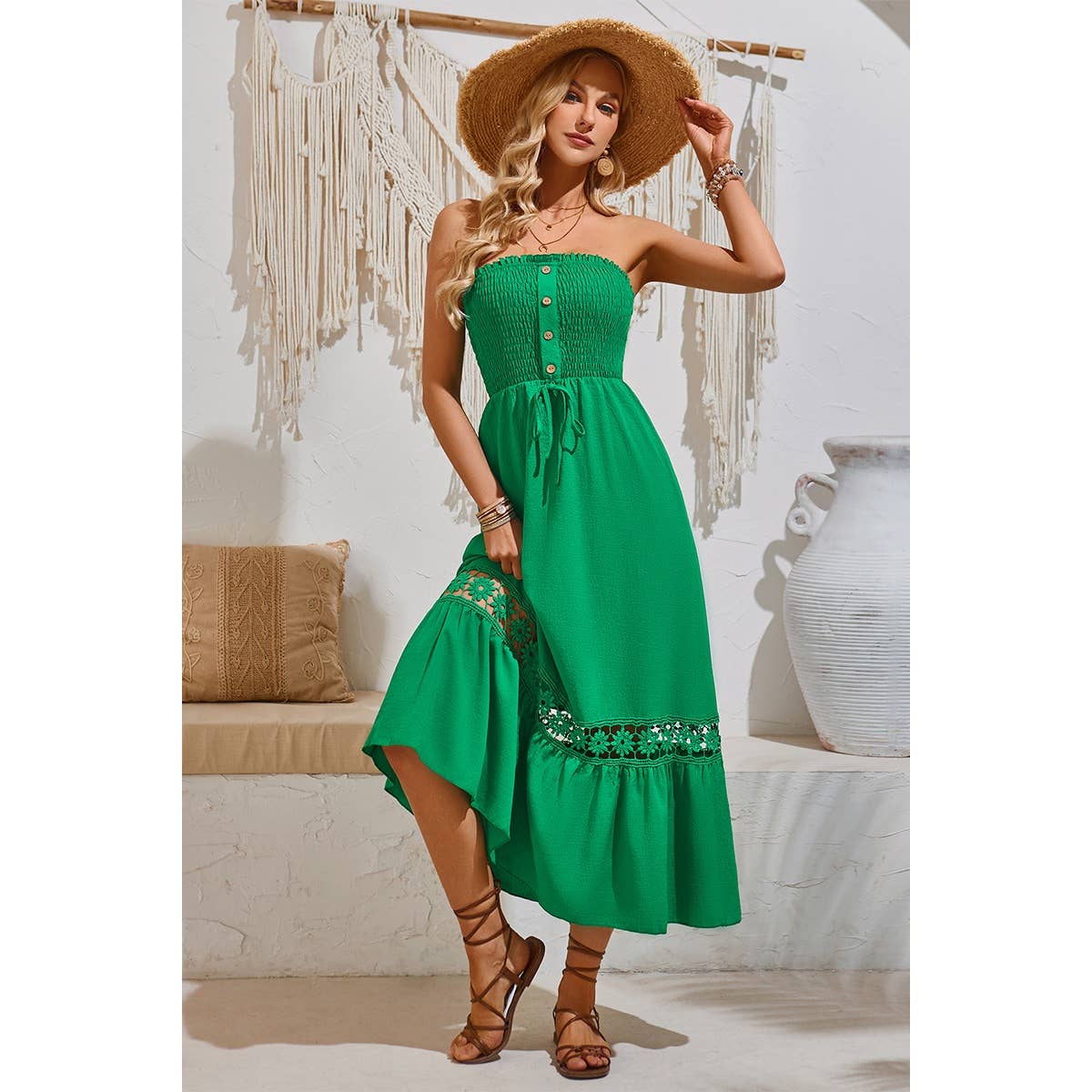 Off Shoulder Button Trim Knot Ruffle Lace Dress
