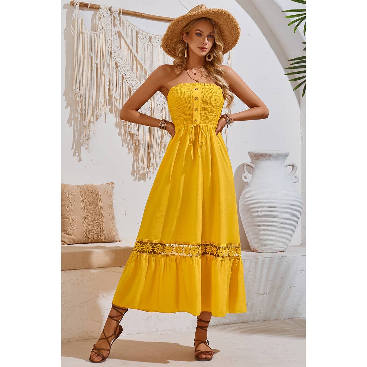 Off Shoulder Button Trim Knot Ruffle Lace Dress