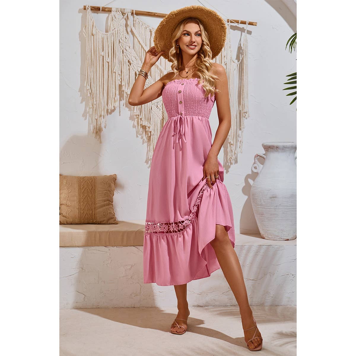 Off Shoulder Button Trim Knot Ruffle Lace Dress