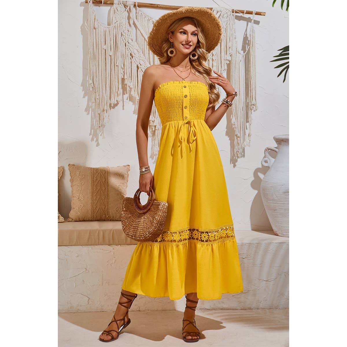 Off Shoulder Button Trim Knot Ruffle Lace Dress