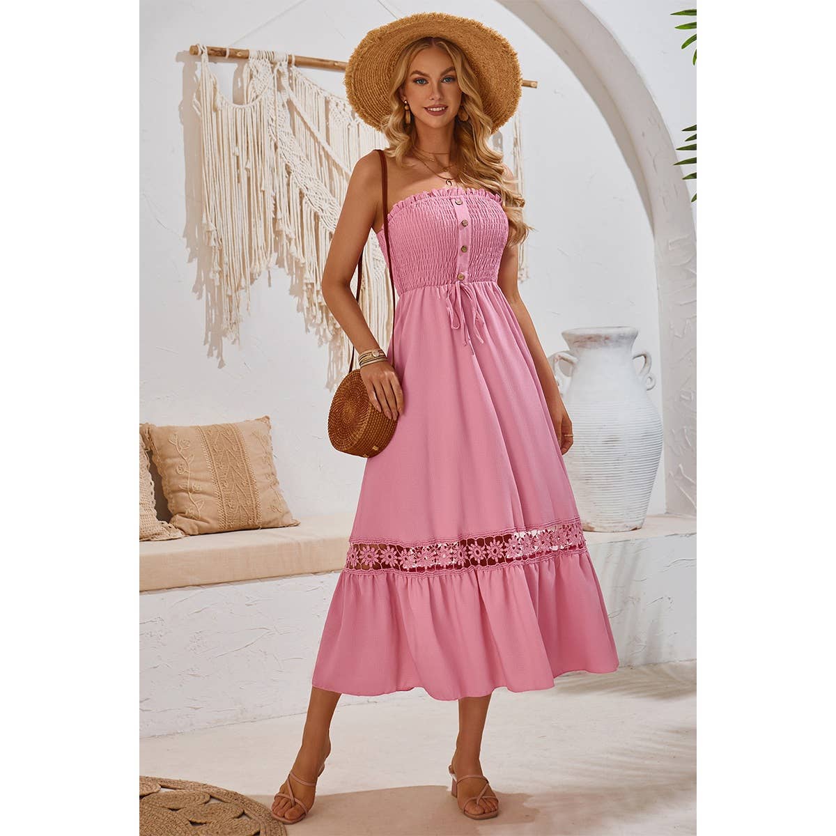 Off Shoulder Button Trim Knot Ruffle Lace Dress