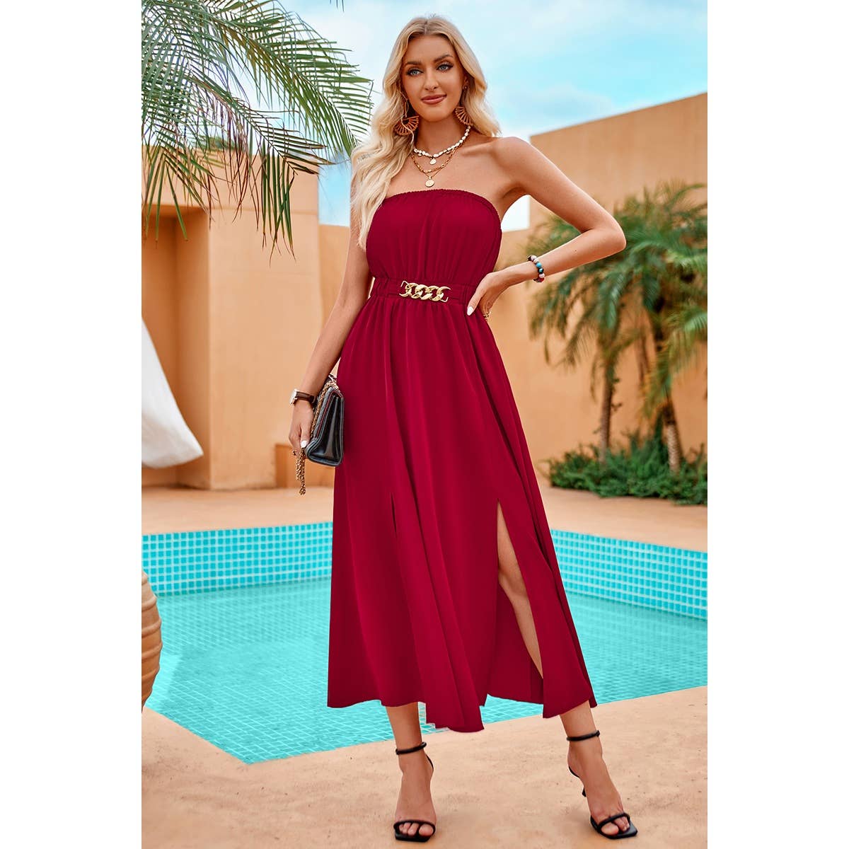 Off Shoulder Sleeveless Cross Belt Full Dress - Elings