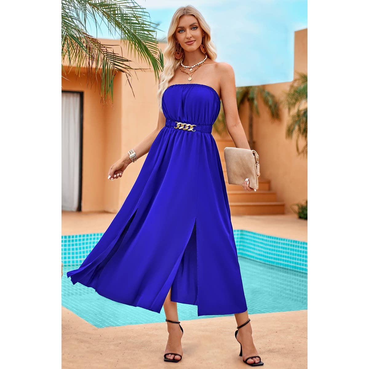 Off Shoulder Sleeveless Cross Belt Full Dress - Elings