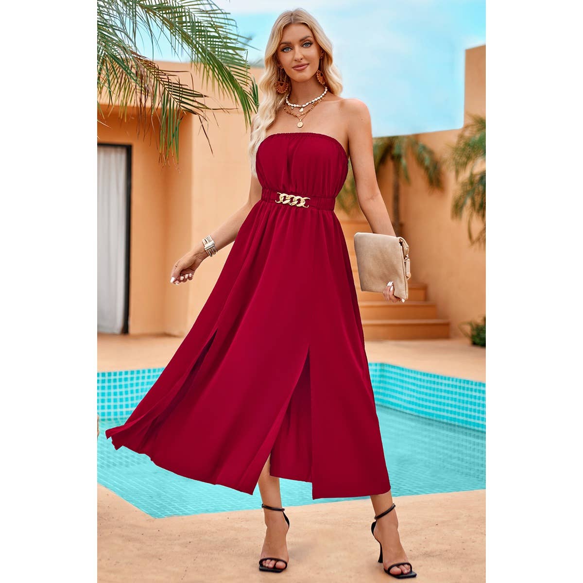 Off Shoulder Sleeveless Cross Belt Full Dress - Elings