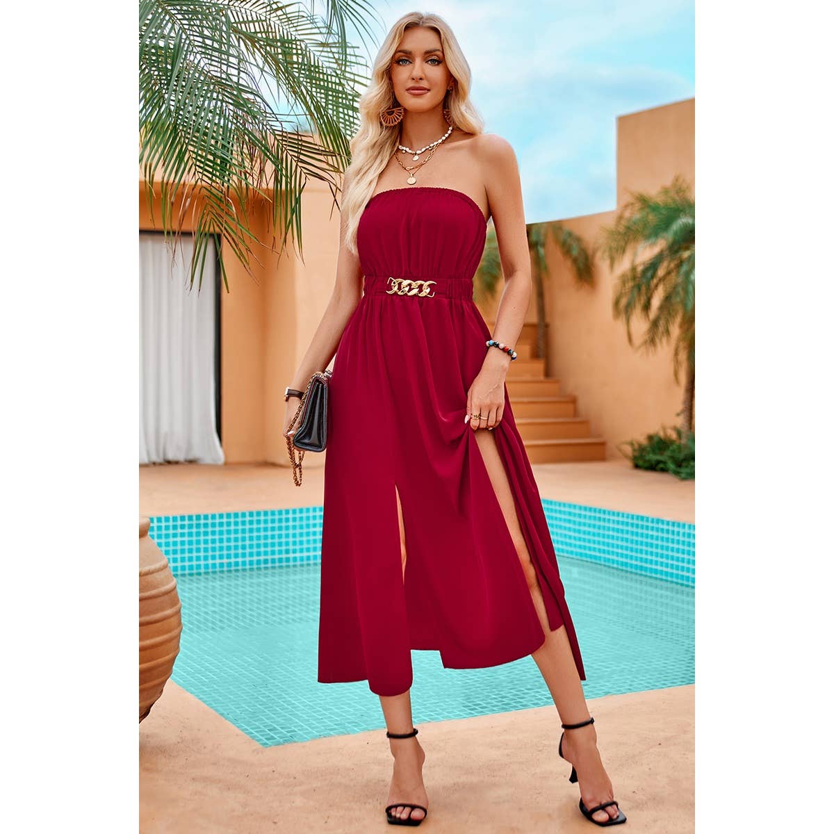 Off Shoulder Sleeveless Cross Belt Full Dress - Elings