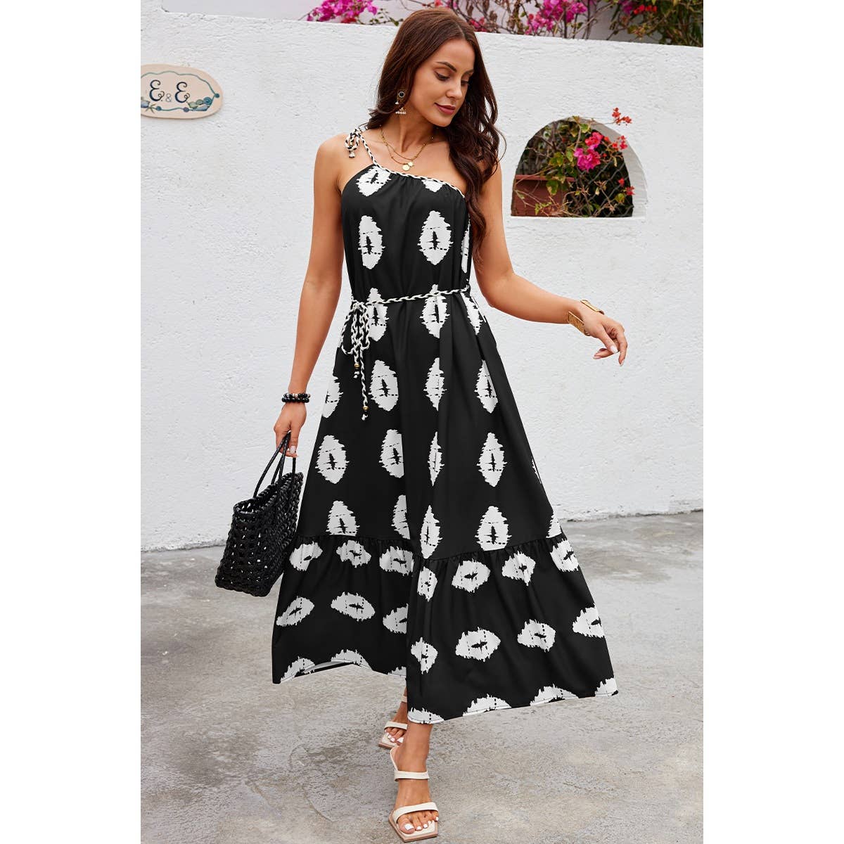 One Shoulder Print Belt Sleeveless Ruffle Dress