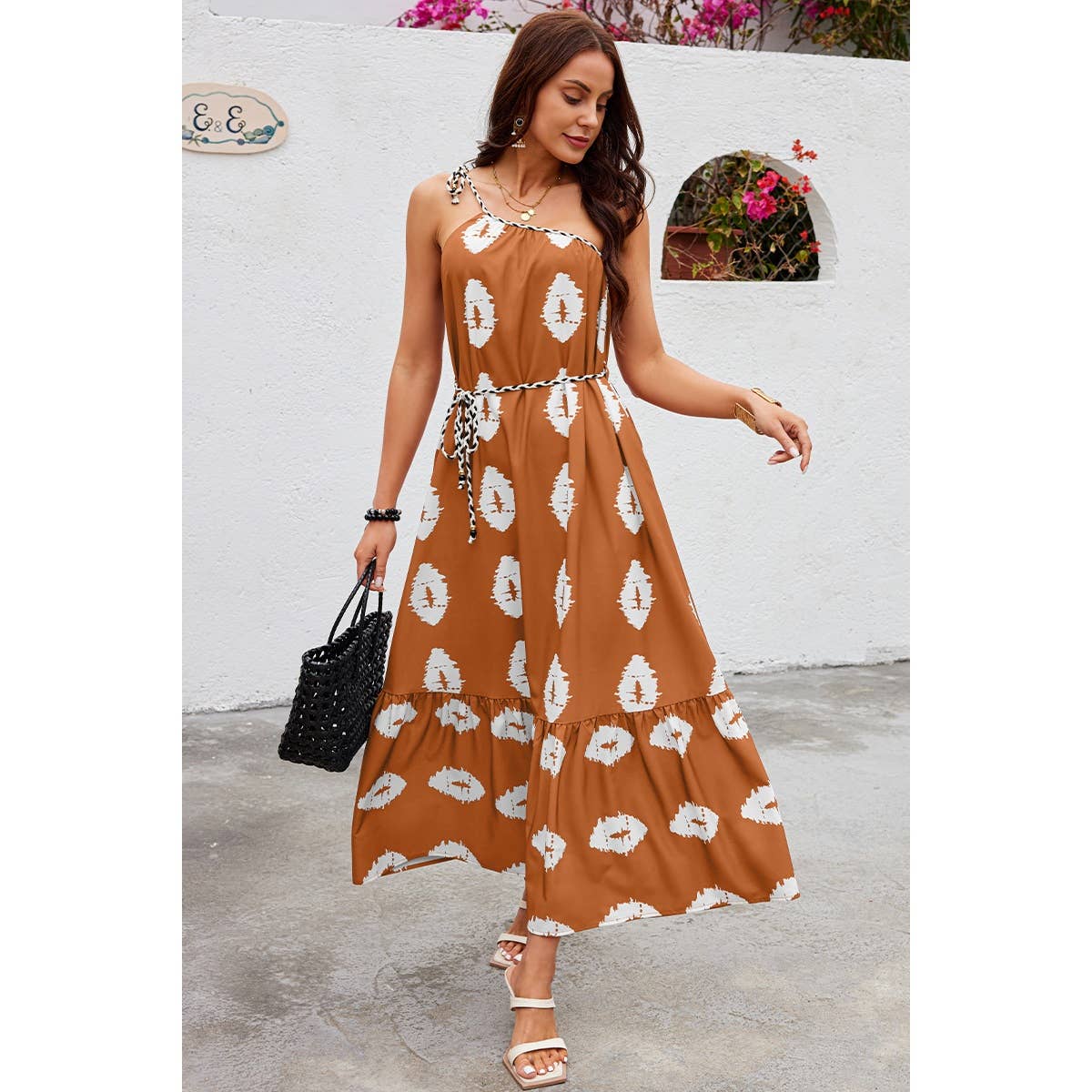 One Shoulder Print Belt Sleeveless Ruffle Dress