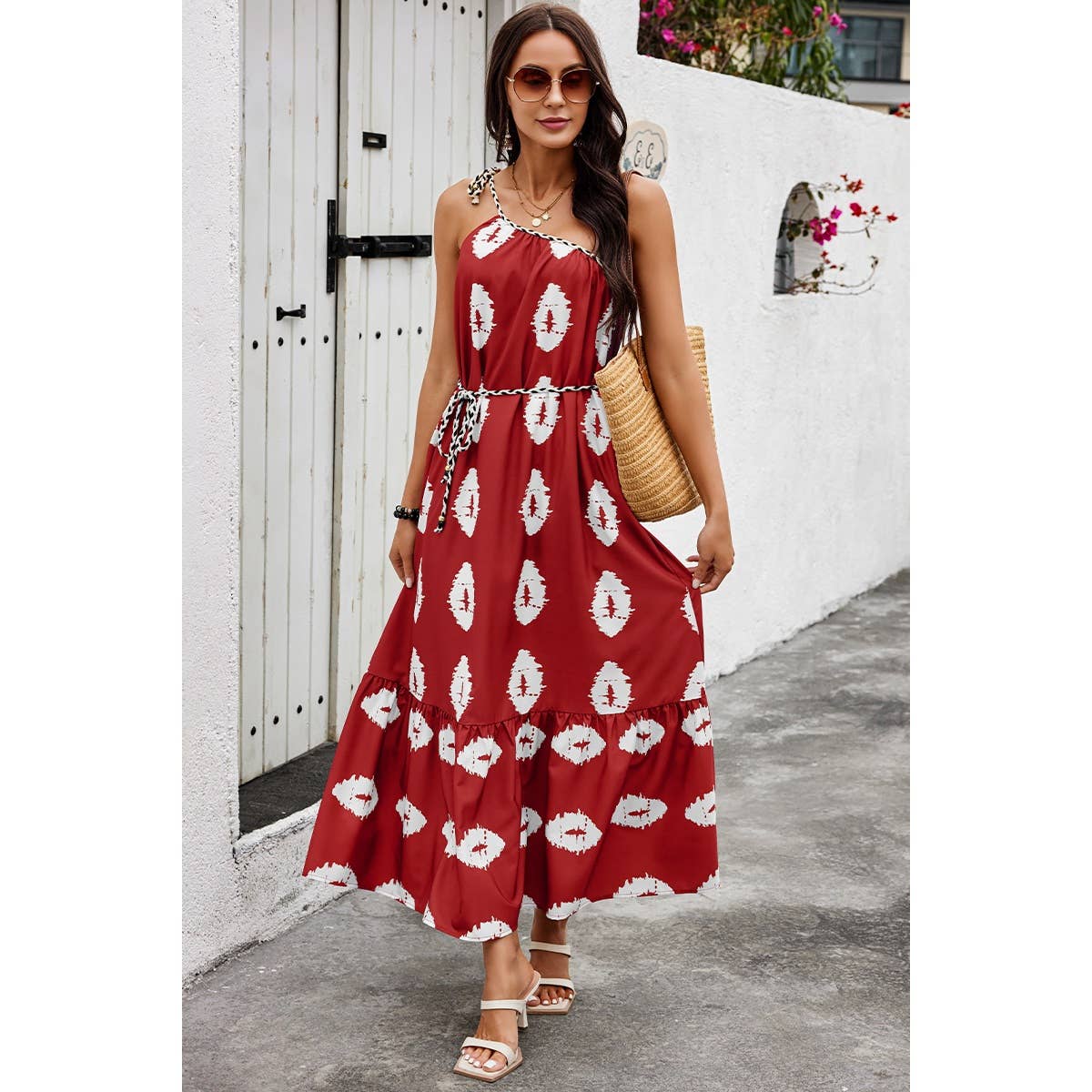 One Shoulder Print Belt Sleeveless Ruffle Dress
