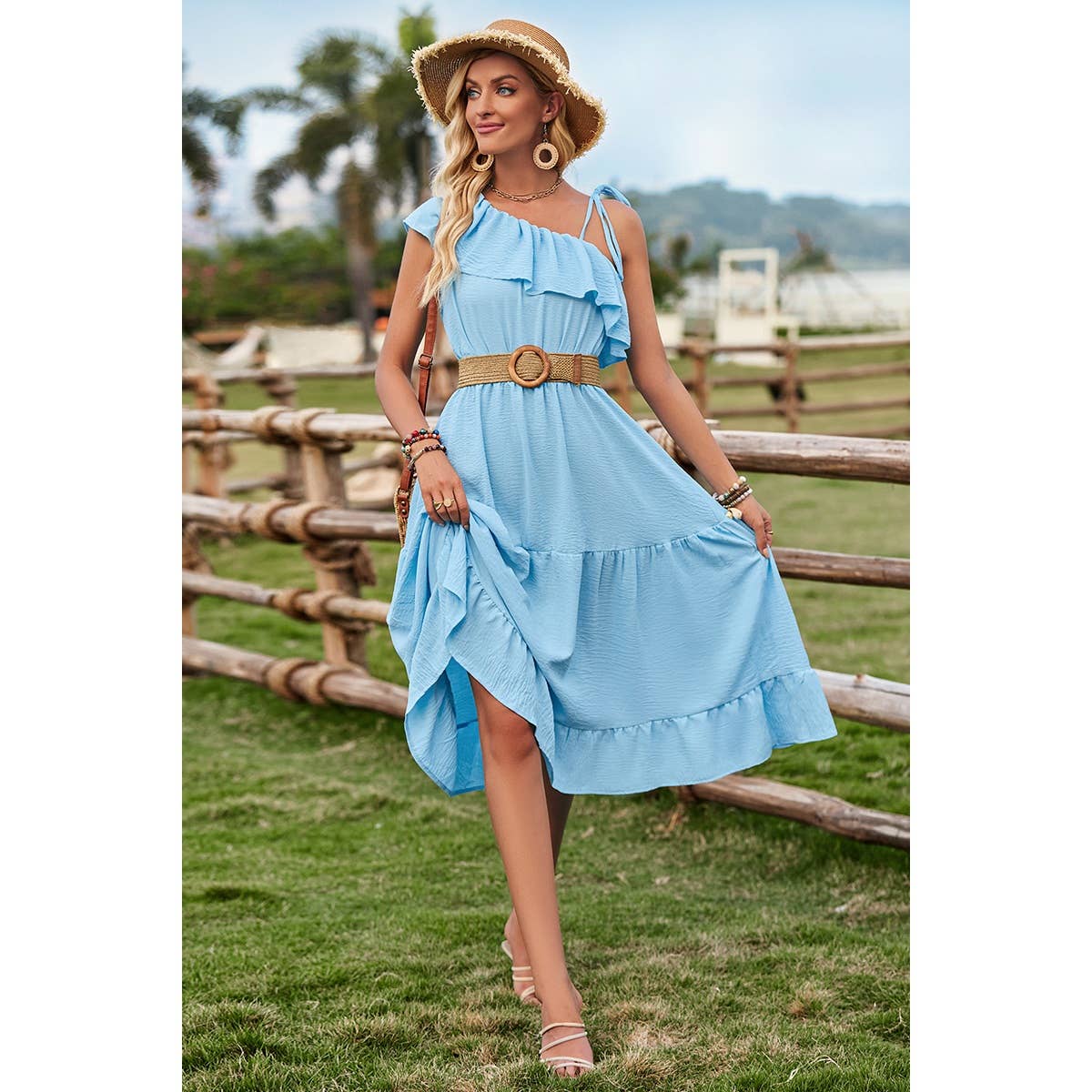 One Shoulder Ruffle High Waist Solid Dress