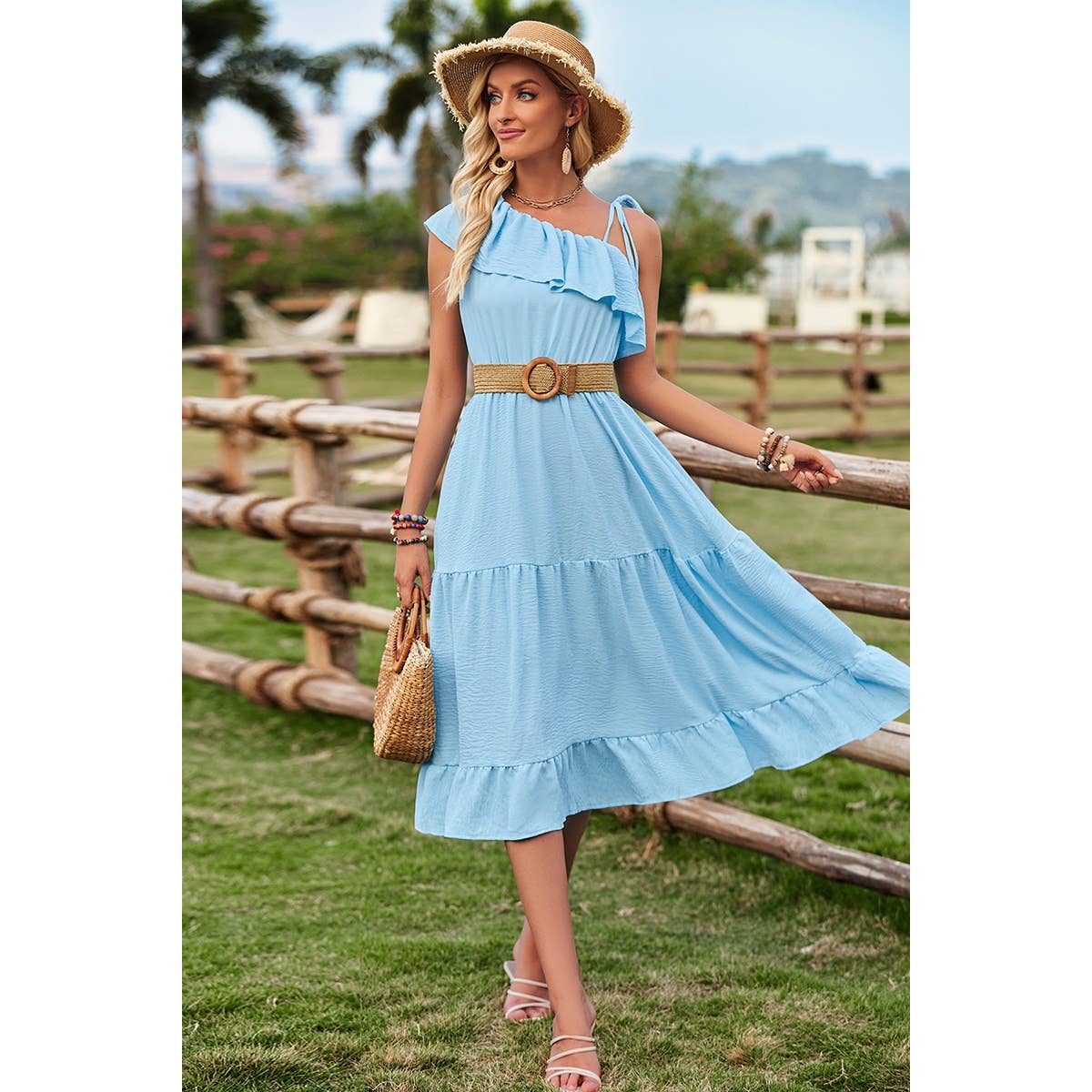 One Shoulder Ruffle High Waist Solid Dress