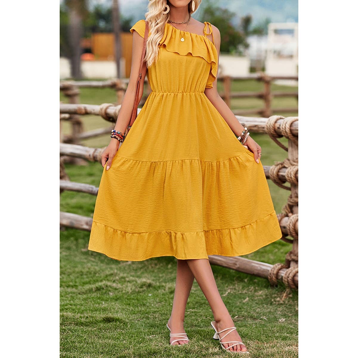 One Shoulder Ruffle High Waist Solid Dress