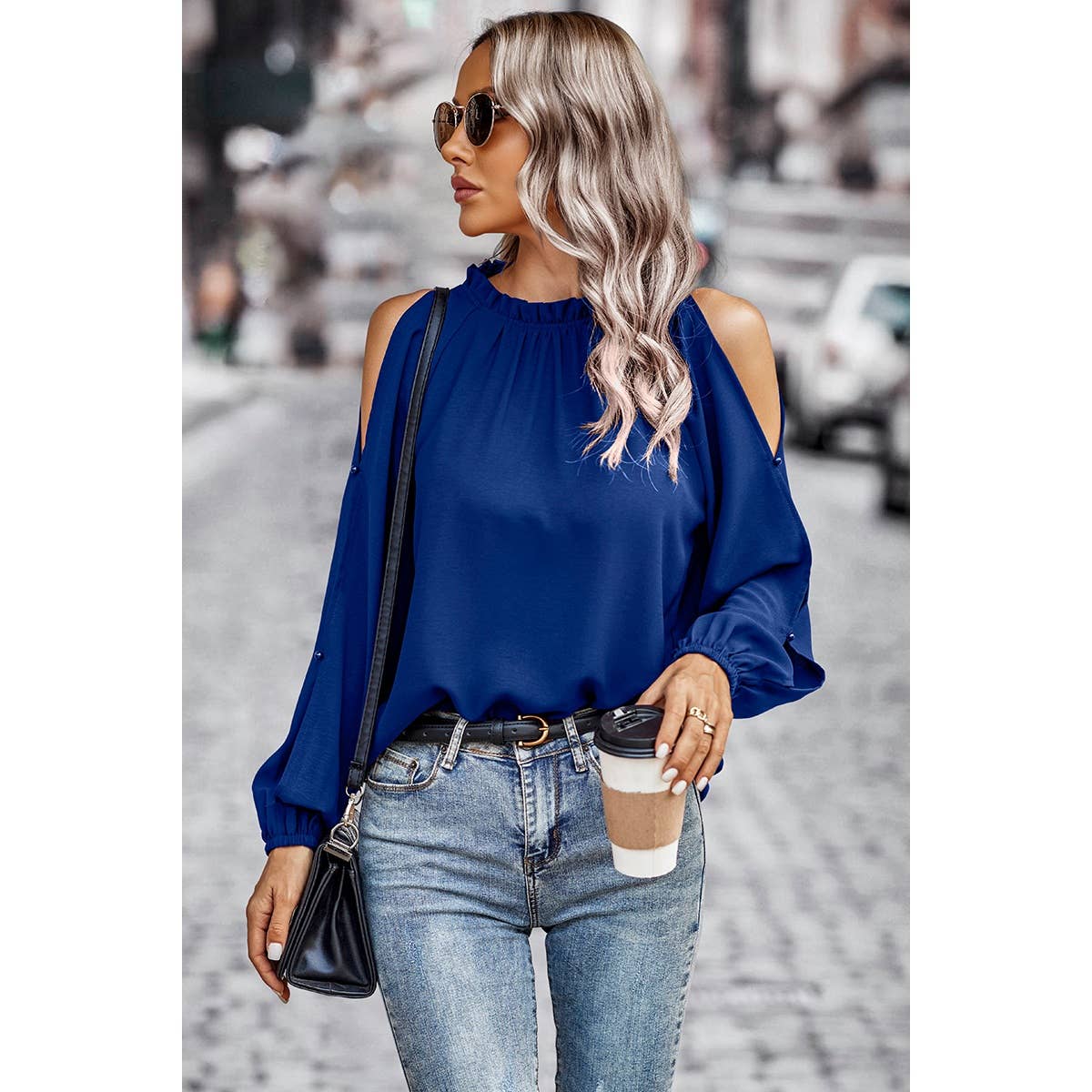 Open Shoulder Solid Loose Mock Neck Top - Elings