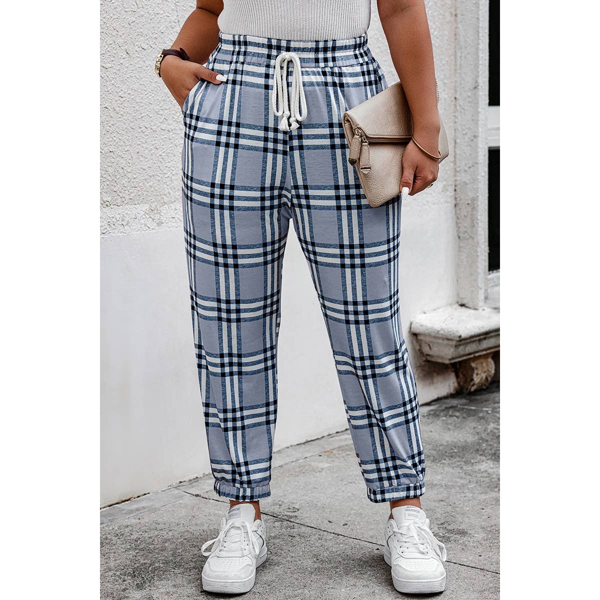 Plus Plaid Print Elastic Waist Fit Pockets Pant