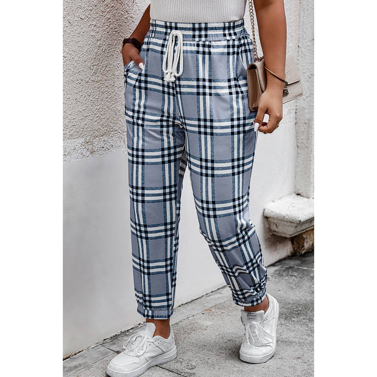 Plus Plaid Print Elastic Waist Fit Pockets Pant