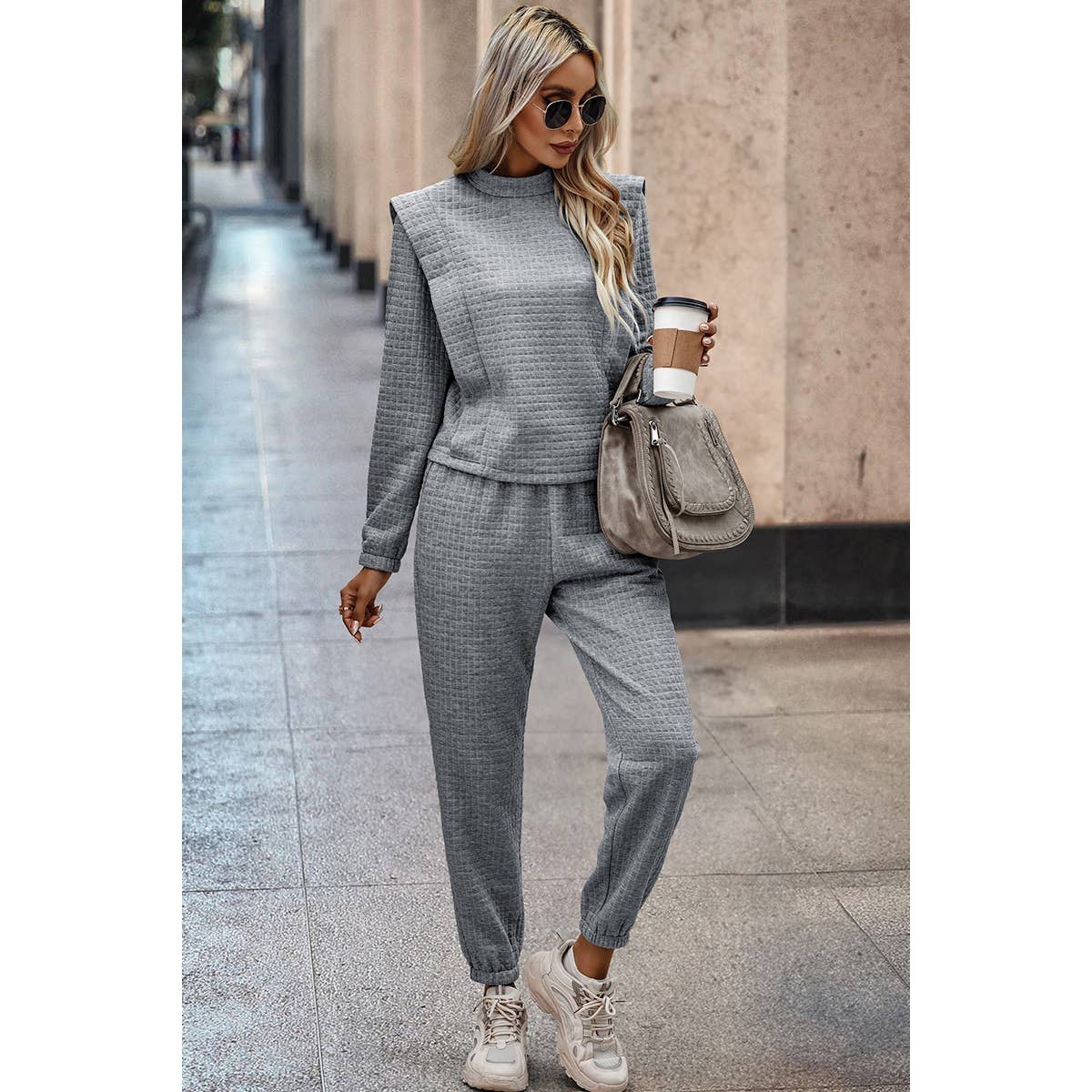 Plaid Solid Two Pieces Mock Neck Sets - Elings