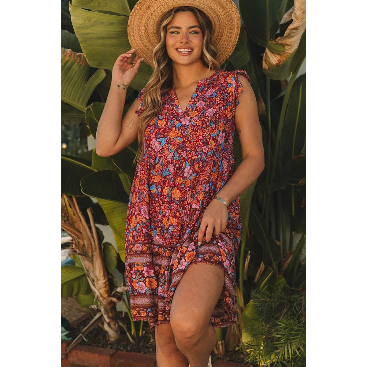 Plus Floral Sleeveless Ruffle Loose A Line Dress - Elings