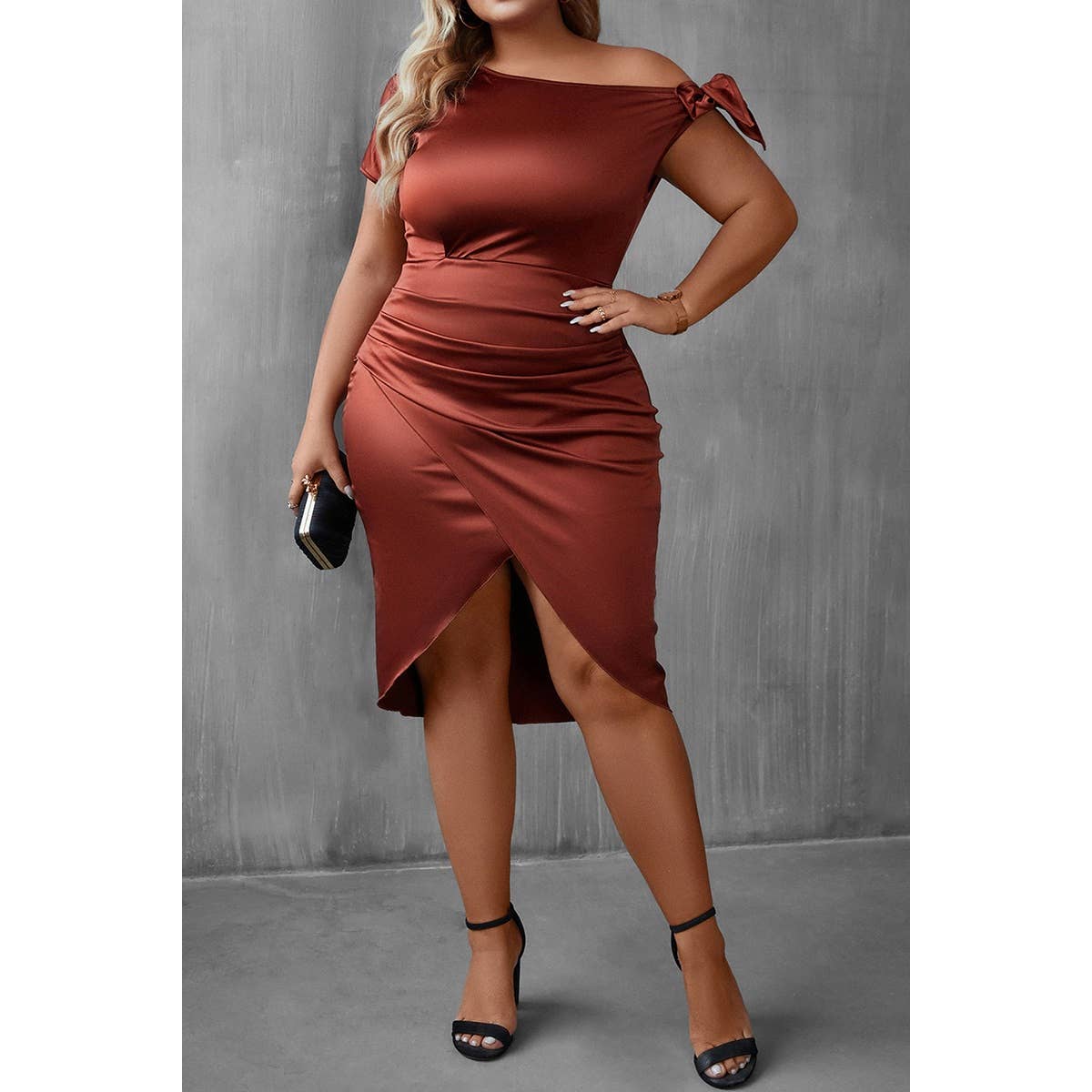 Plus One Shoulder Knot Bodycon Wrap Dress