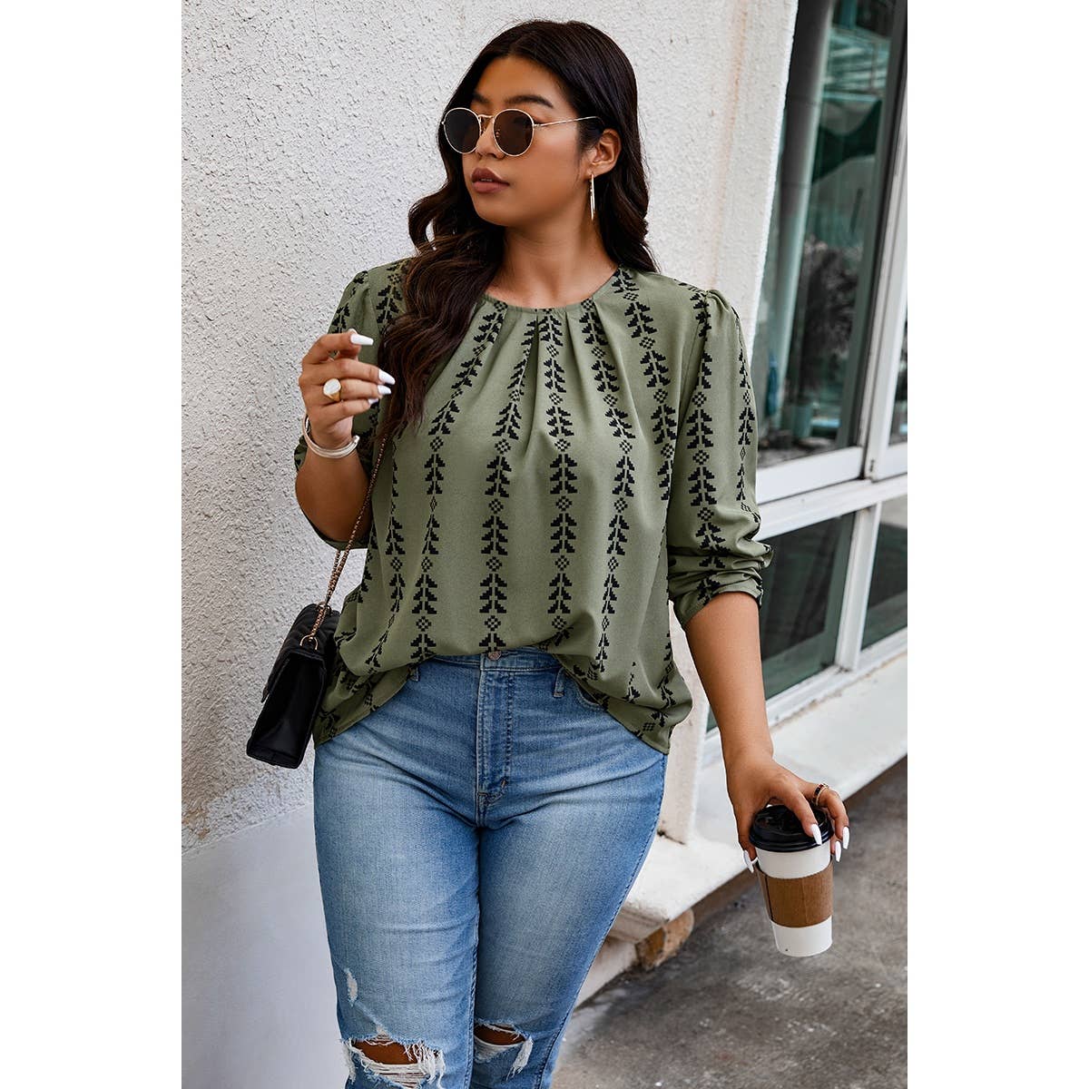 Plus Size Printed Round Ruched Loose Fit Top