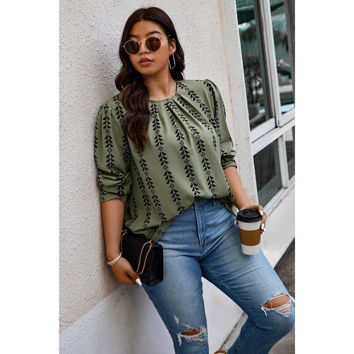 Plus Size Printed Round Ruched Loose Fit Top