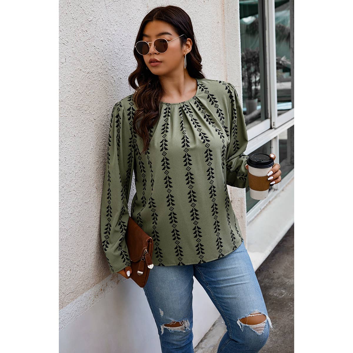 Plus Size Printed Round Ruched Loose Fit Top