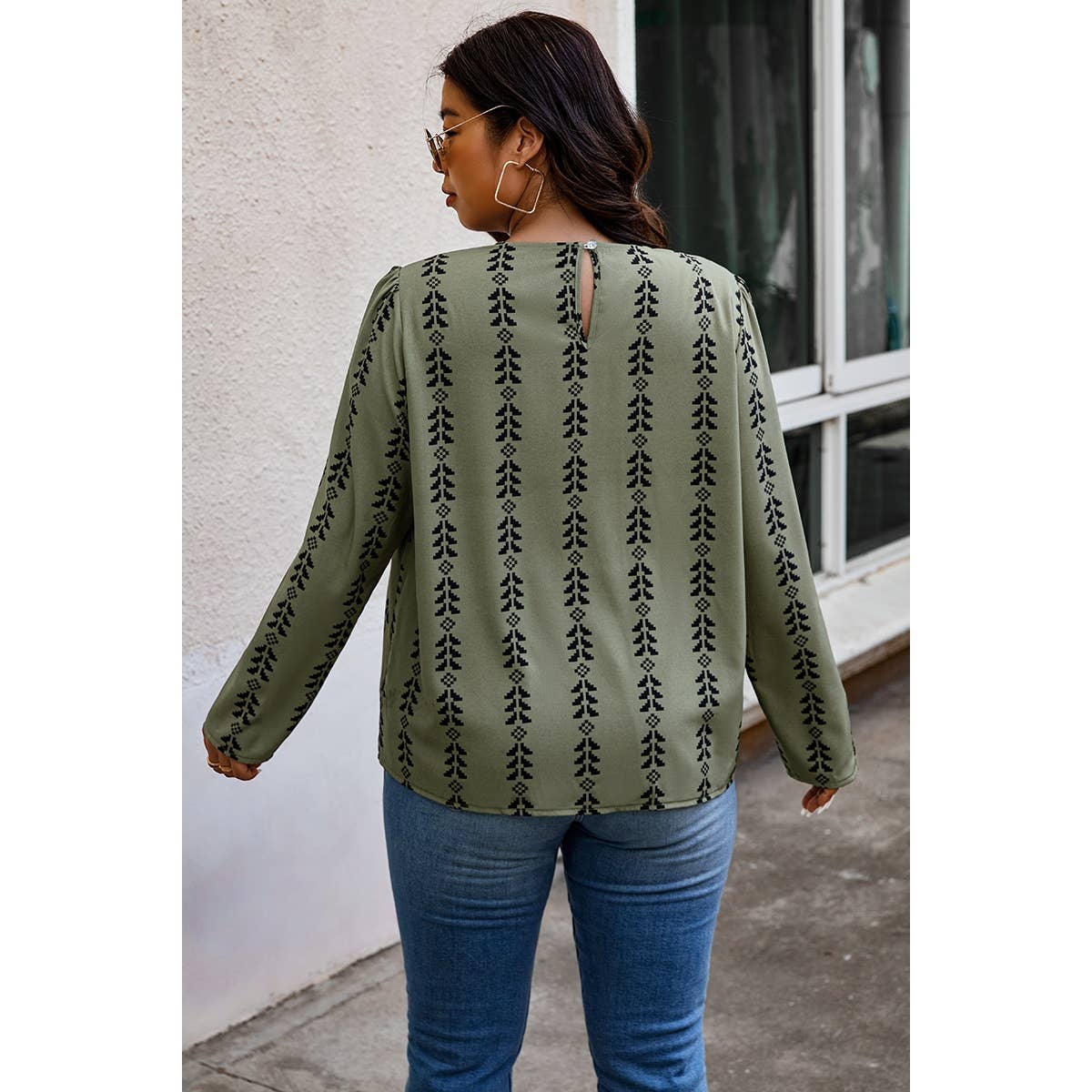 Plus Size Printed Round Ruched Loose Fit Top