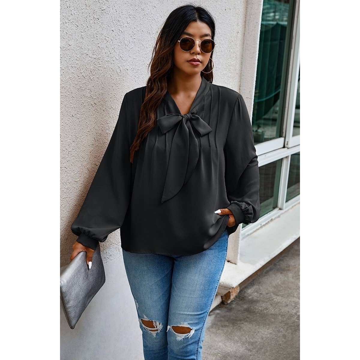 Plus Size Solid Ruched Knot Loose Fit Top
