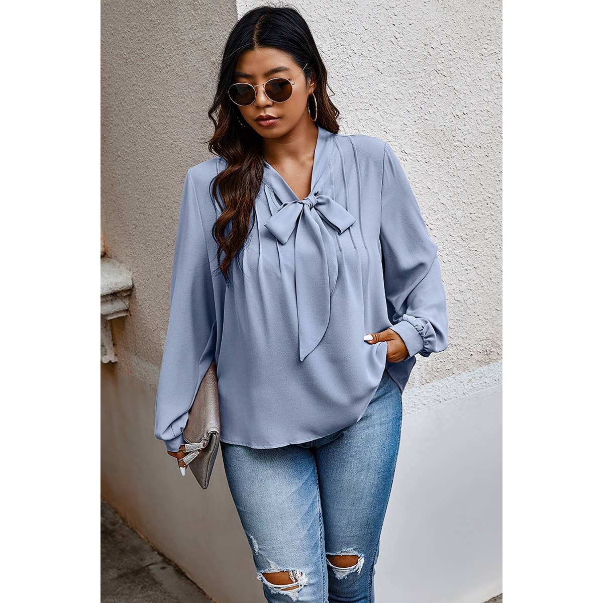 Plus Size Solid Ruched Knot Loose Fit Top