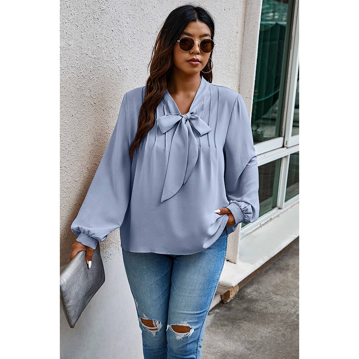 Plus Size Solid Ruched Knot Loose Fit Top