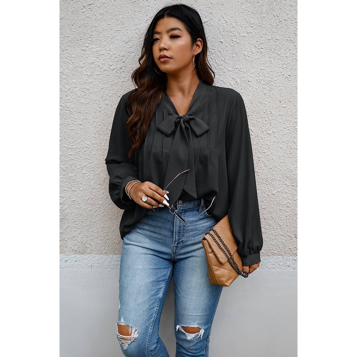 Plus Size Solid Ruched Knot Loose Fit Top