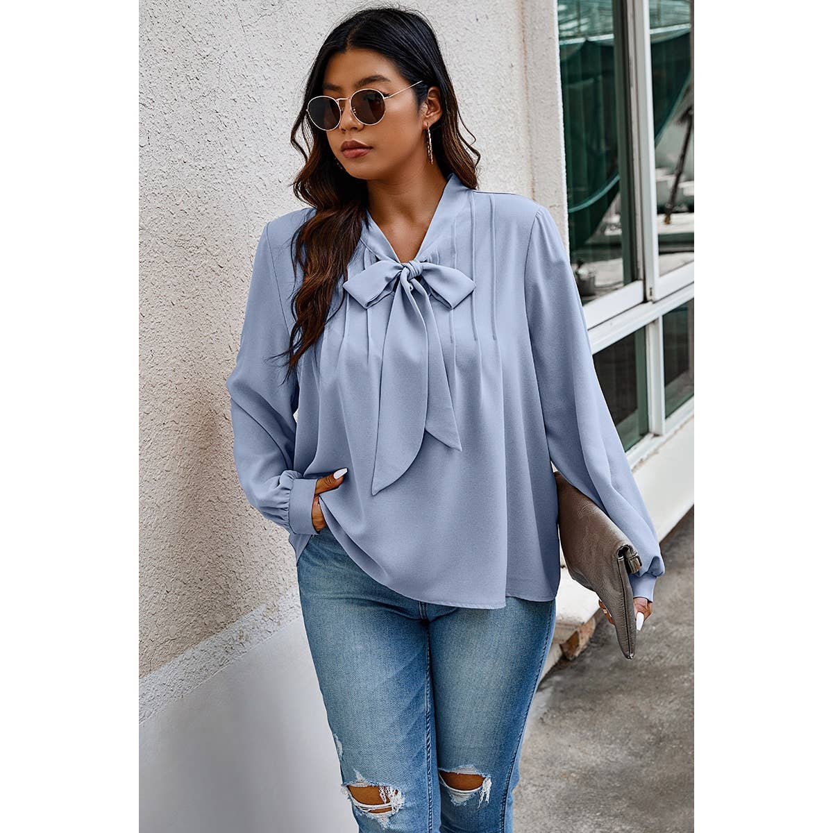 Plus Size Solid Ruched Knot Loose Fit Top