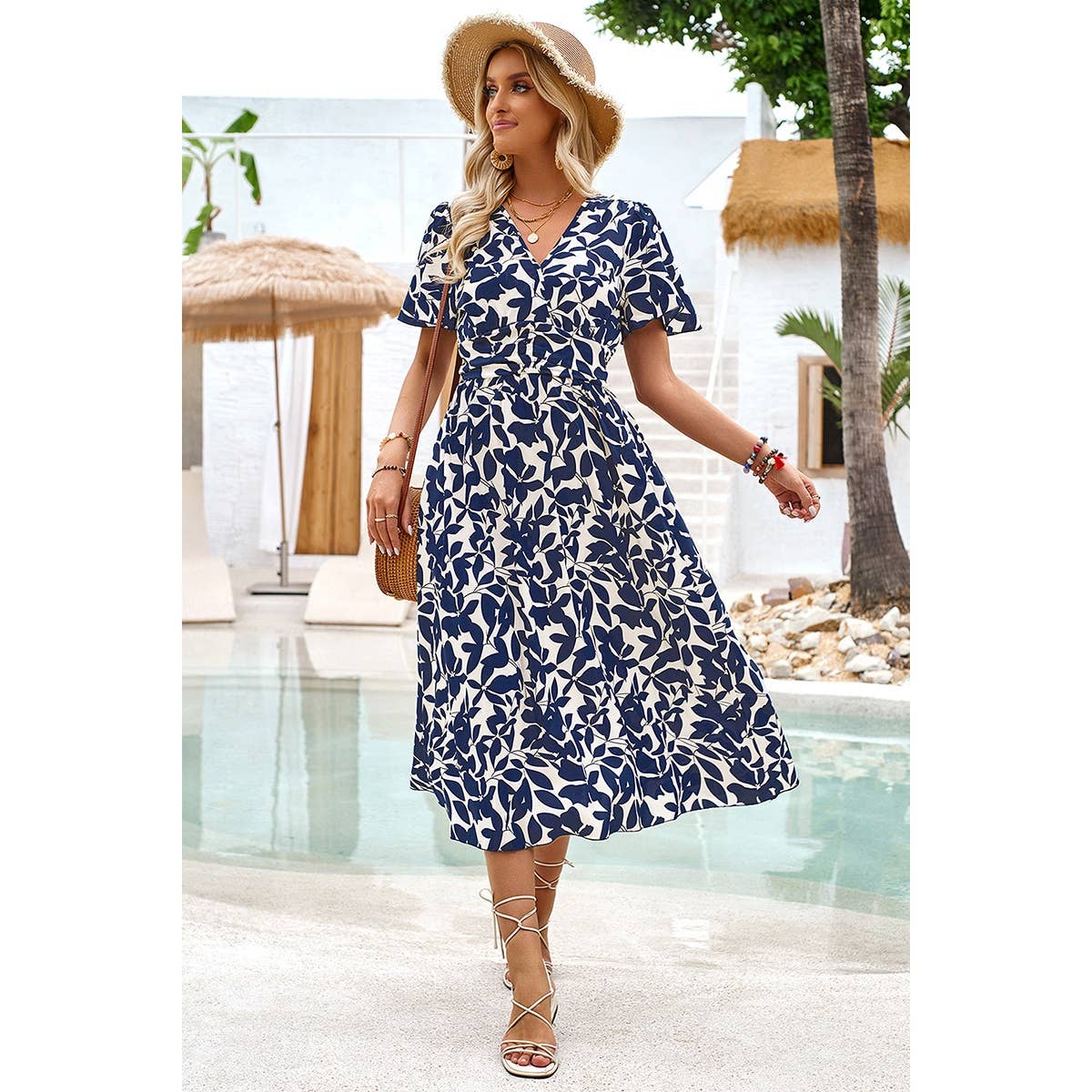 Printed Ruched Elastic Waist Band Fit Dress