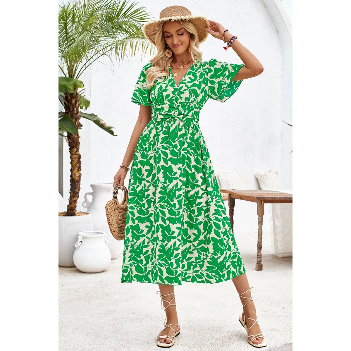 Printed Ruched Elastic Waist Band Fit Dress