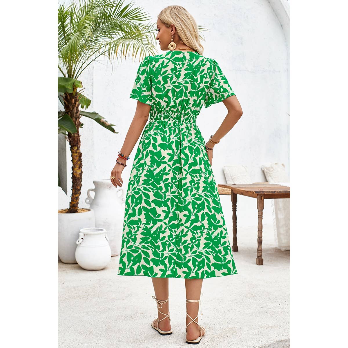 Printed Ruched Elastic Waist Band Fit Dress