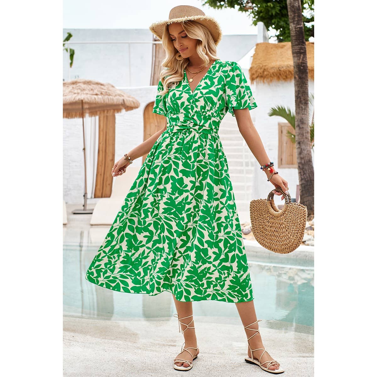 Printed Ruched Elastic Waist Band Fit Dress