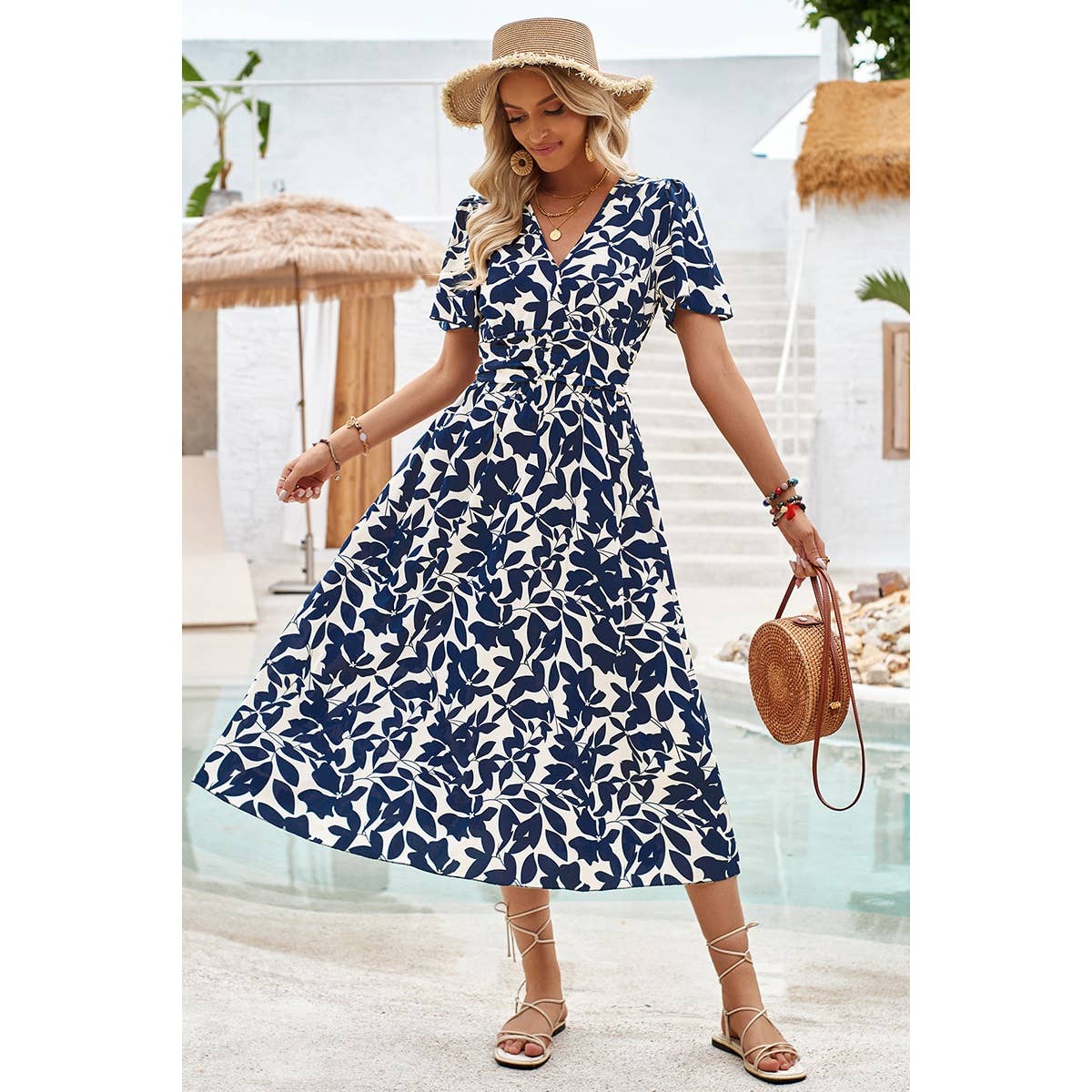 Printed Ruched Elastic Waist Band Fit Dress