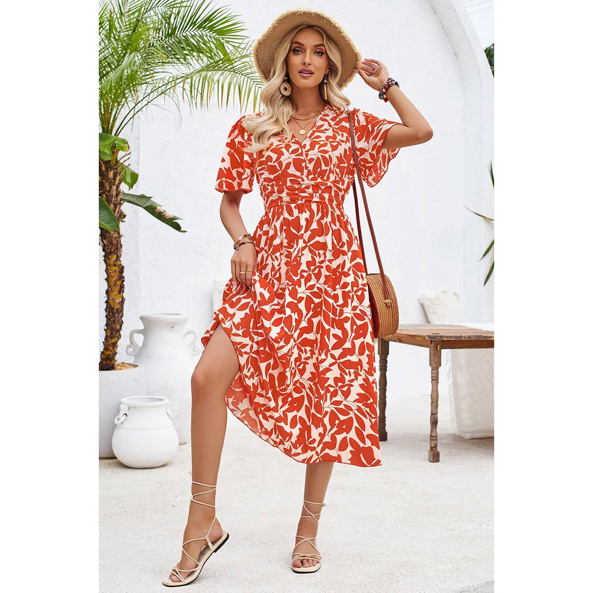 Printed Ruched Elastic Waist Band Fit Dress