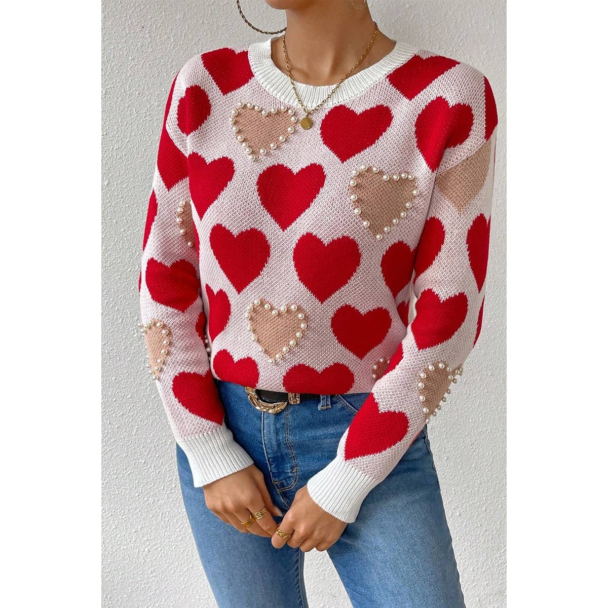 Round Neck Heart Shape Pearl Beads Knit Sweater