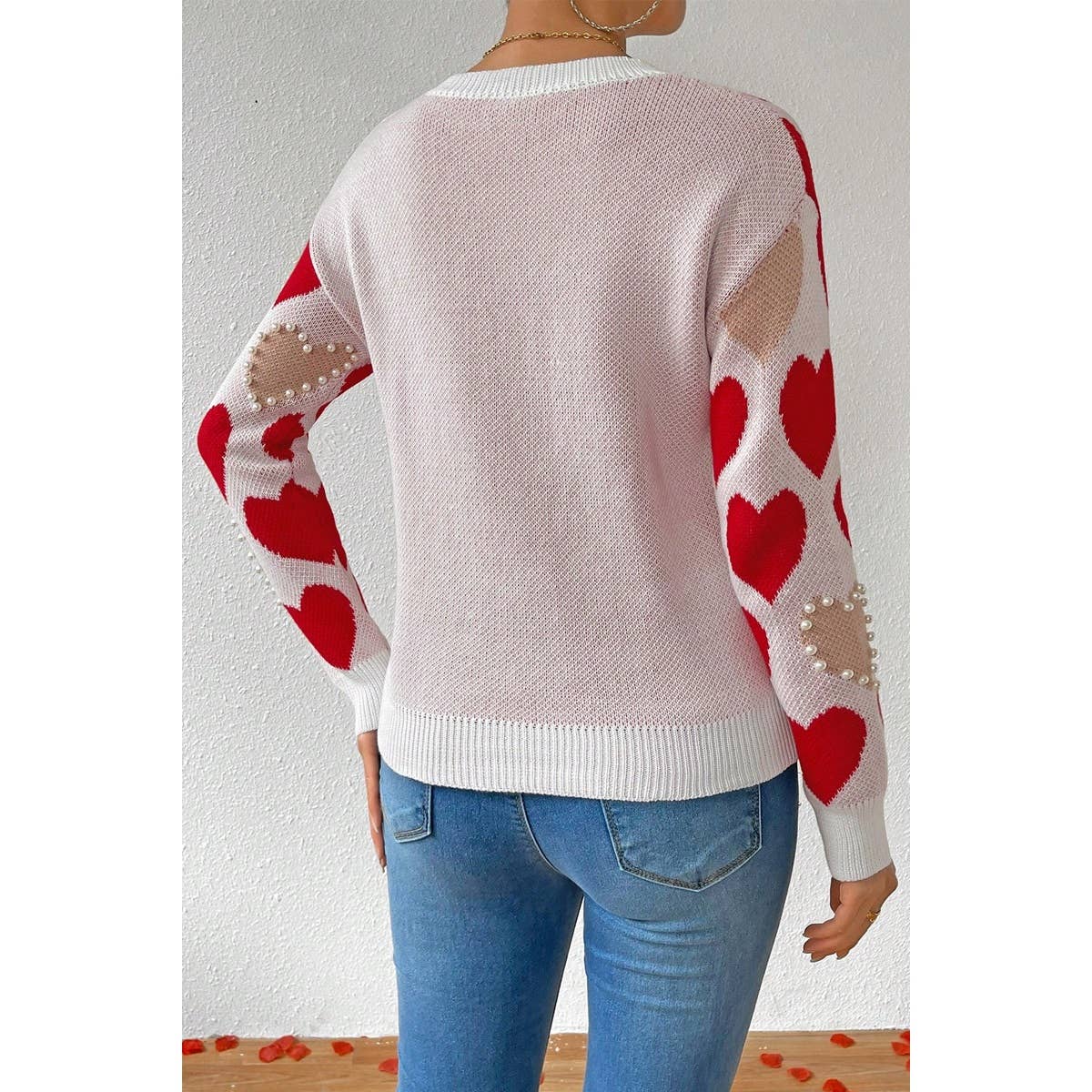 Round Neck Heart Shape Pearl Beads Knit Sweater