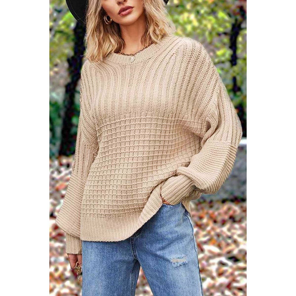 Round Neck Long Sleeve Loose Fit Rib Knit Sweater