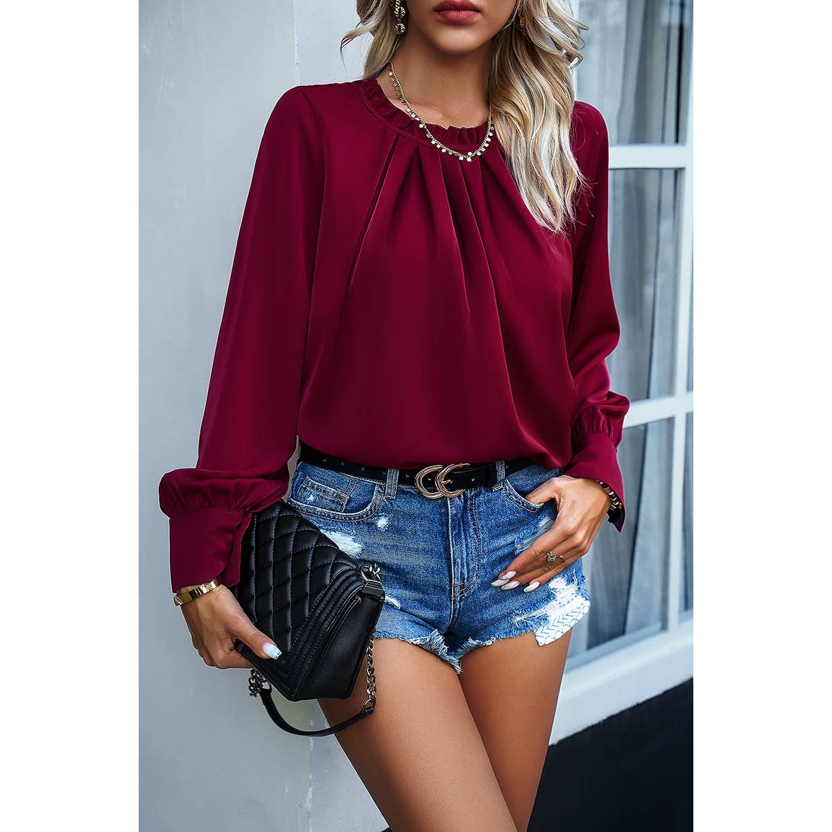 Round Neck Ruched Puff Sleeve Loose Top - Elings