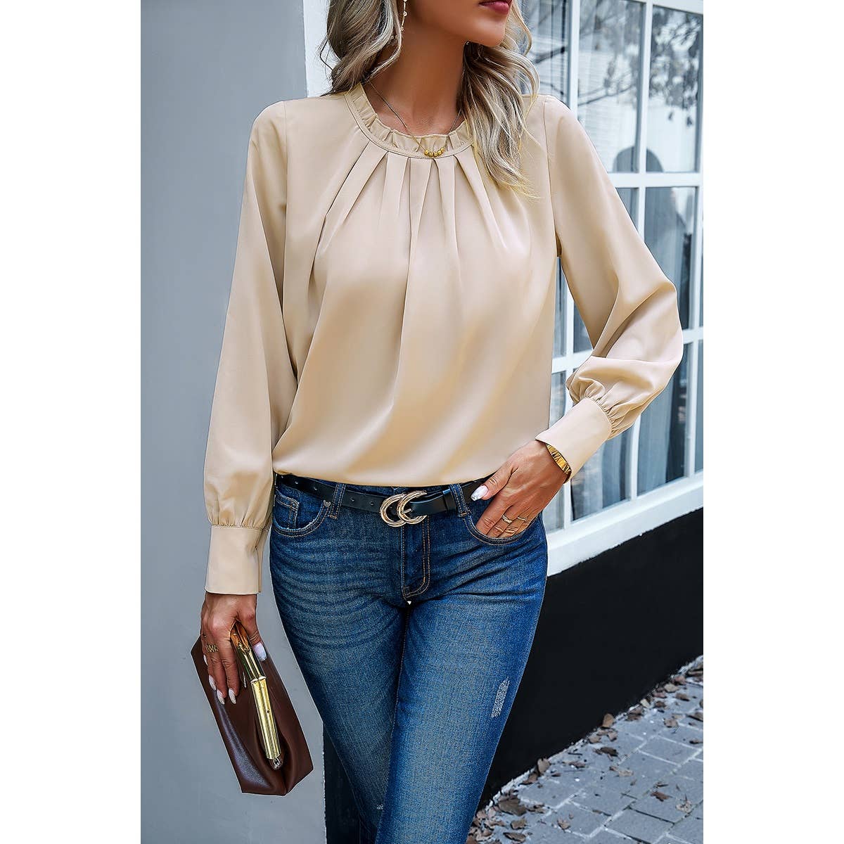 Round Neck Ruched Puff Sleeve Loose Top - Elings