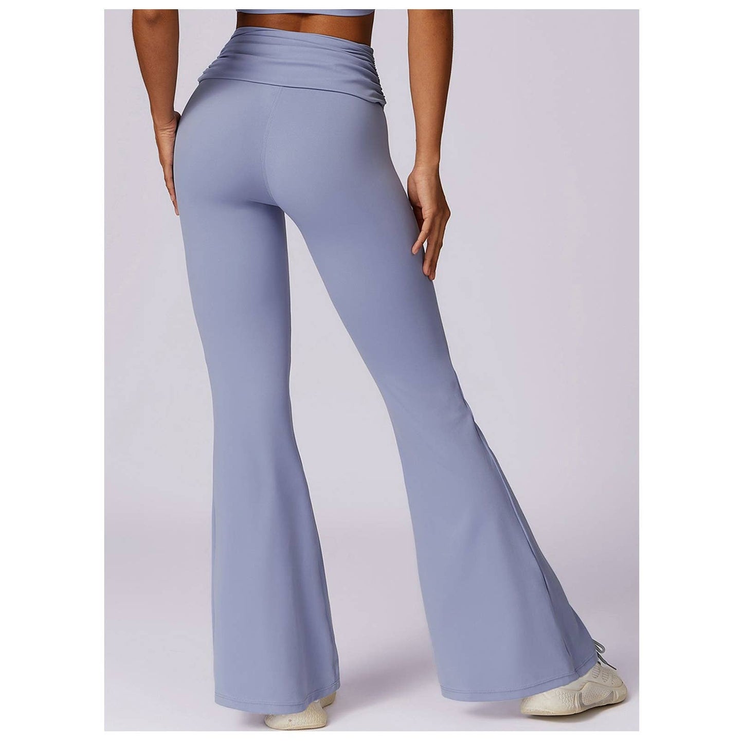 Ruched High Waist Solid Long Elastic Flare Pants