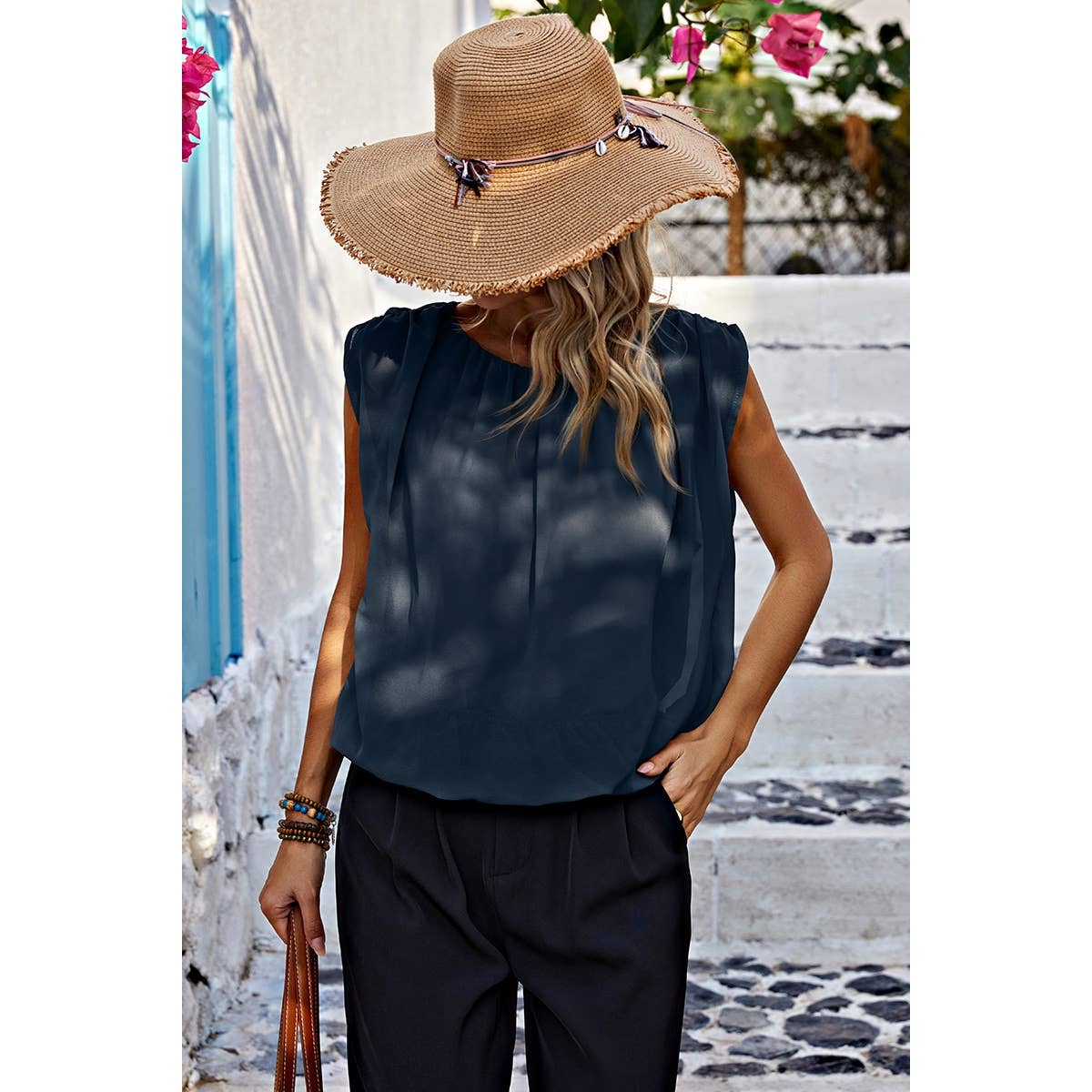 Ruched Sleeveless Loose Fit Solid Round Neck Top
