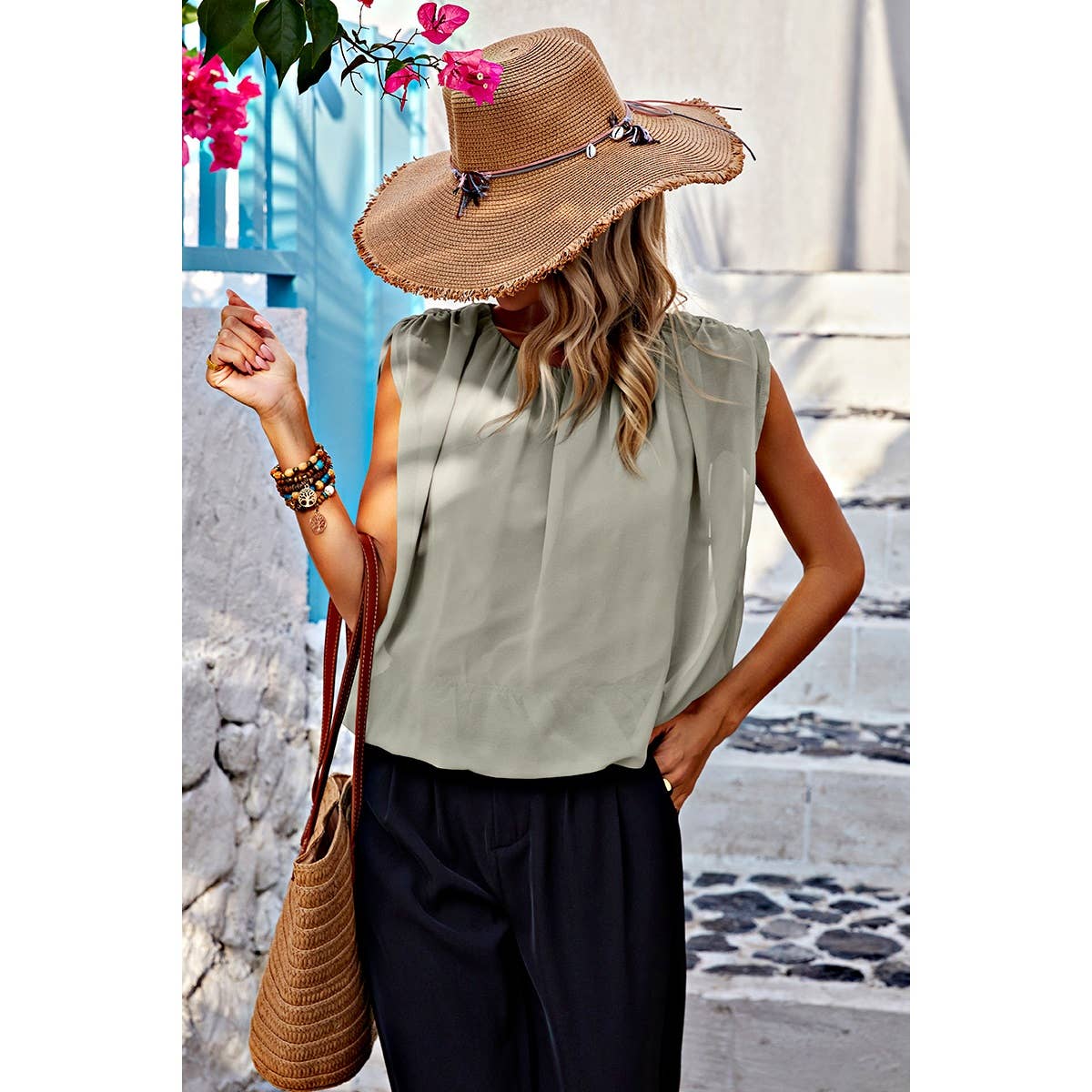 Ruched Sleeveless Loose Fit Solid Round Neck Top