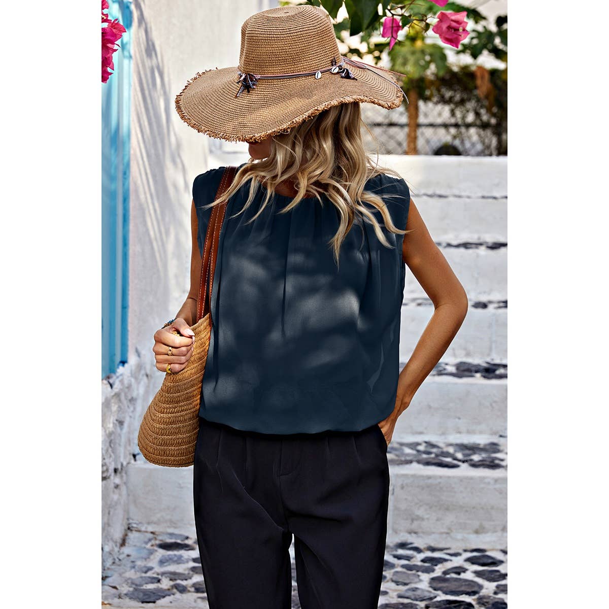 Ruched Sleeveless Loose Fit Solid Round Neck Top