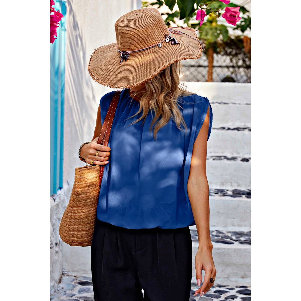 Ruched Sleeveless Loose Fit Solid Round Neck Top